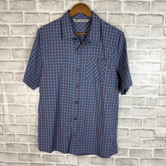 Travis Mathew Navy Blue & Red Plaid Nylon Stretch Casual Button Up Shirt LARGE - Picture 2 of 7